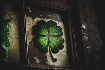 Four leaf clover decoration in a dirty Irish bar. St. Patrick's day holiday. Created with generative AI.