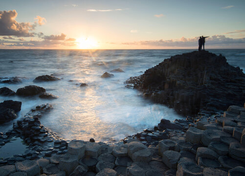 Sunset at the Giant's Causeway, a UNESCO world heritage site of some 40,000 hexagonal columns on the Antrim coast of Northern Ireland.