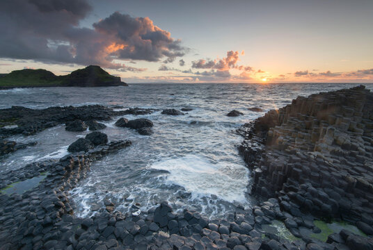 Sunset at the Giant's Causeway, a UNESCO world heritage site of some 40,000 hexagonal columns on the Antrim coast of Northern Ireland.