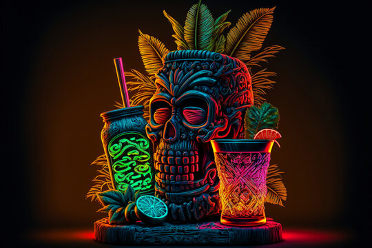 Tropical Tiki In An Island Bar. Created With Generative AI.