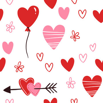 Vector seamless pattern with red and pink hearts, balloon. Freehand doodle drawing for valentines day. Can be used on packaging paper, fabric, background for different images, etc.