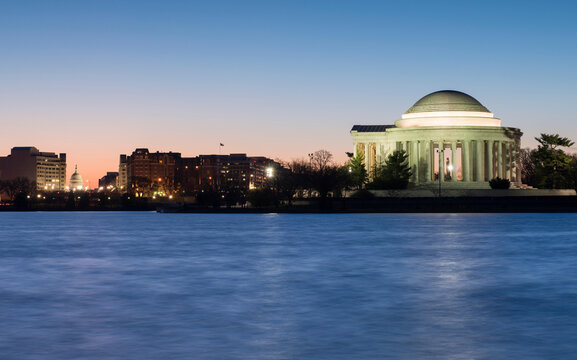 Sunrise over the Thomas Jefferson Memorial on the Tidal Basin in Washington DC.