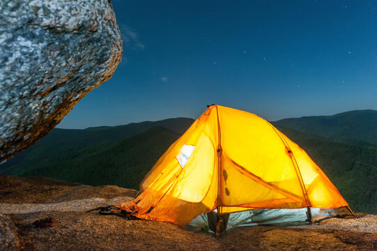 A tent is lit up at night in the Shenandoah National Park, Virginia.