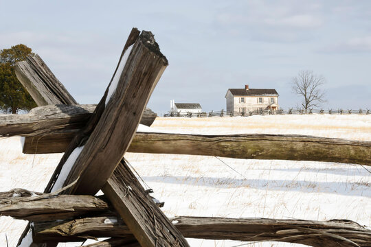 The Henry House at Manassas National Battlefield blanketed by snow in wintertime.