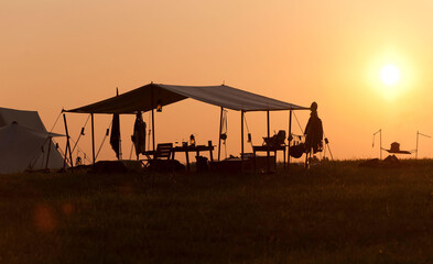 Sunrise at a civil war encampment at Manassas National Battlefield.