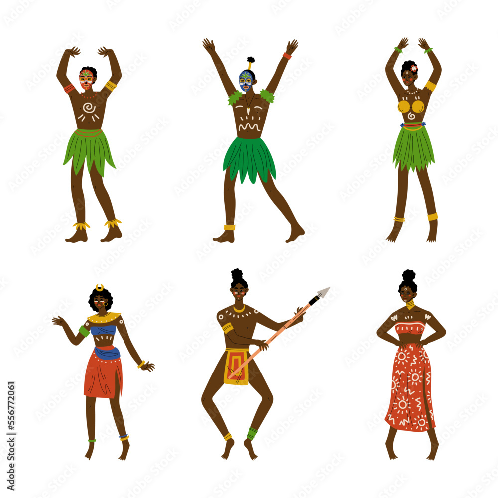 Canvas Prints dancing african people set. aboriginal dancers in bright traditional ethnic clothing cartoon vector 