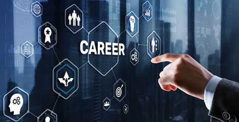 Career Inscription and people icons on virtual screen. Businessman pressing Career