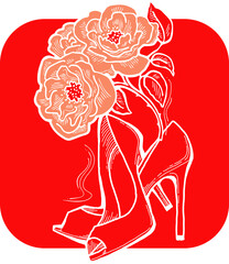 Beautiful decorative composition. High heels shoes decorated with rose flowers. Wedding style invitation, fashion poster, postcard print, shoe shop logo design, shopping sale promotion. Hand drawing.