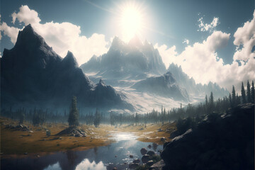 Sun rising over the mountains landscape illustration 