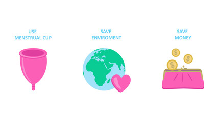 Use menstrual cup equal: save environment, save money. Personal feminine hygiene items. Zero waste concept. Cute vector illustration in flat cartoon style