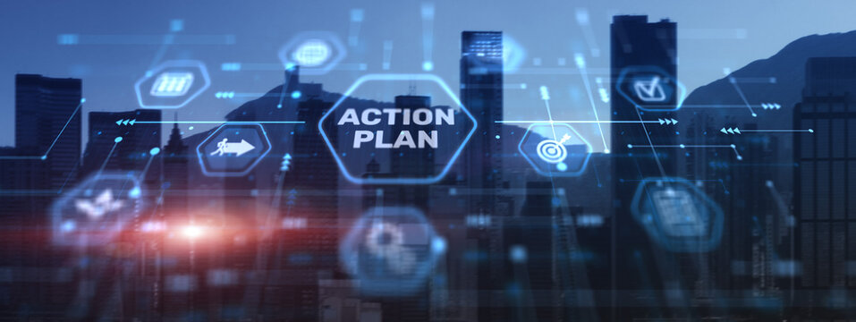 Action plan on city background. Algorithm and strategy development business