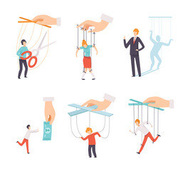 Male and female persons manipulating people set. Puppet people controlled by others. Manipulation of People flat vector illustration