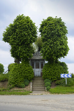 Steps leading to small chapel surrounded by chestnut trees with a blue and white chevron sign on a road near Arras; Northern France, France