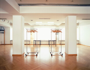 Coat hangers on portable coat racks in an empty room; Germany