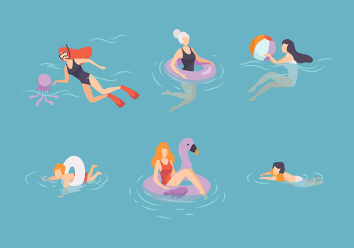 People swimming in water set. Men, women and kids swimming and floating in pool, sea at summer vacation flat vector