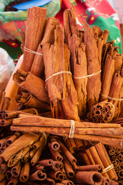 Bundles of cinnamon sticks in the French West Indies; Pointe-A-Pitre, Grande-Terre, Guadeloupe, France