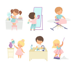 Cute kids doing housework chores set. Little boys and girls sweeping and mopping floor, washing dishes cartoon vector illustration isolated on white.