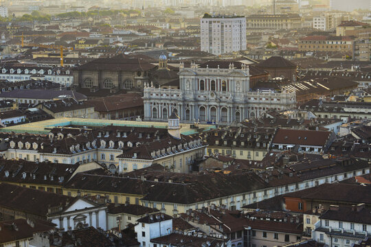 Aerial view of Palazzo Madama (formerly the first Senate of the Kingdom of Italy) in the old city center in Turin; Turin, Piedmonte, Italy