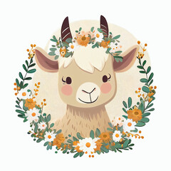 Naklejka premium Cute funny Goat with flower rustic style. farm domestic Vintage illustration