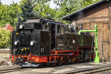 Fototapeta na wymiar German narrow gauge steam locomotive in the depot