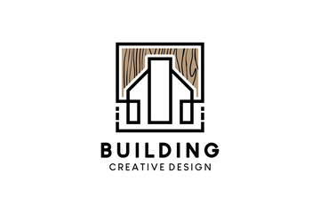 Building design striped style in wood motif for logo of wooden building, warehouse, real estate