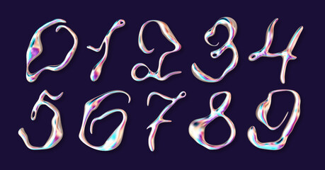 3d liquid molten metallic typography number. Realistic holographic streaks on metal numerals