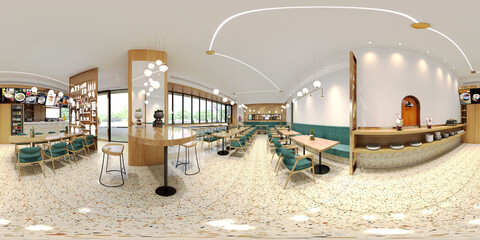 3d render of cafe restaurant 360 degrees view - obrazy, fototapety, plakaty