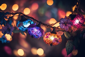 illustration abstract background of glitter glow fairy lights, string lights with bokeh with flower - obrazy, fototapety, plakaty