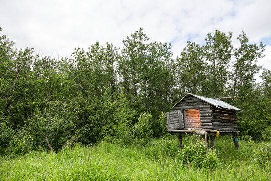Native Alaskan log cache with a light inside of it, at a remote fish camp on the Kuskokwim River; Kalskag, Southwestern Alaska, Alaska, United States of America