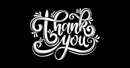 Thank You text. Beautiful Hand-drawn vintage Vector in white color on a black background with ornament. Modern Calligraphy lettering illustration EPS10.
