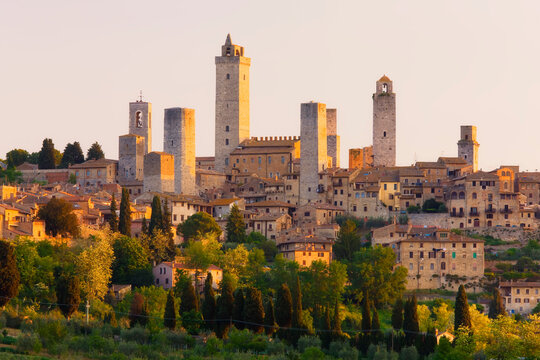 Medieval town of San Gimignano with it many towers (Torri di San Gimignano), Torre Grossa being the tallest, surrounded by the Tuscan countryside; San Gimignano, Tuscany, Italy