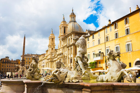 Fountain of Neptune and Church of St Agnese in Agonein in the background, Piazza Navona; Rome, Lazio, Italy