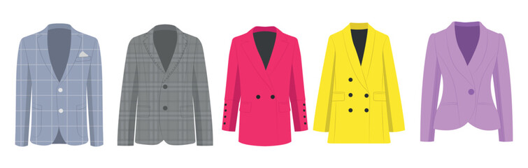 Set of different mens and womens jackets in a cartoon style. Vector illustration of checkered jackets and women's bright blazers, jacket isolated on white background. - obrazy, fototapety, plakaty