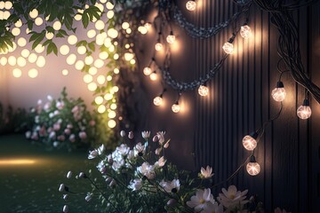 illustration abstract background of glitter glow fairy lights, string lights with bokeh with flower