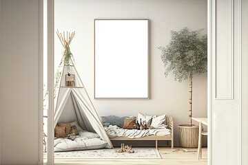 illustration of mock-up wall decor frame is hanging in minimal style, empty frame in cute children bedroom 