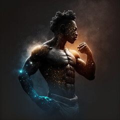 A man in a boxing stance with a glowing body and fist in the dark with stars around Generative AI