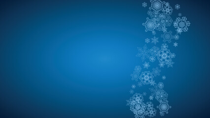 New Year snowflakes on blue background with sparkles. Horizontal Christmas and New Year snowflakes  falling. For season sales, special offer, banners, cards, party invites, flyer. White frosty snow