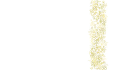 Glitter snowflakes frame on white horizontal background. Shiny Christmas and New Year frame for gift certificate, ads, banners, flyers. Falling snow with golden glitter snowflakes for party invite