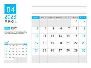 April 2023 template, Calendar planner 2023, week start on Monday, Desk calendar 2023 year, simple planner and clean design, Wall calendar design, Corporate planner template, Business template