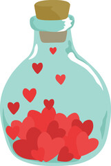 Vector bottle with red hearts  on a white background. Glass bottle with small red hearts inside. Magic love elixir, love poison. Love concept. Valentine’s Day. Good for cards, stickers, decoration.
