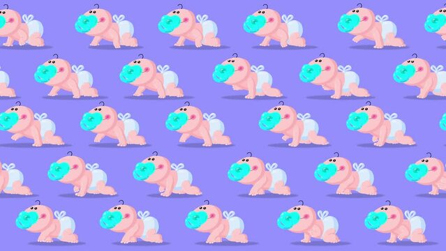 Many babies cartoon characters wallpaper crawling on blue background. Cute children animation good as backdrop for intro, party, television programme, presentation, etc... Seamless loop.