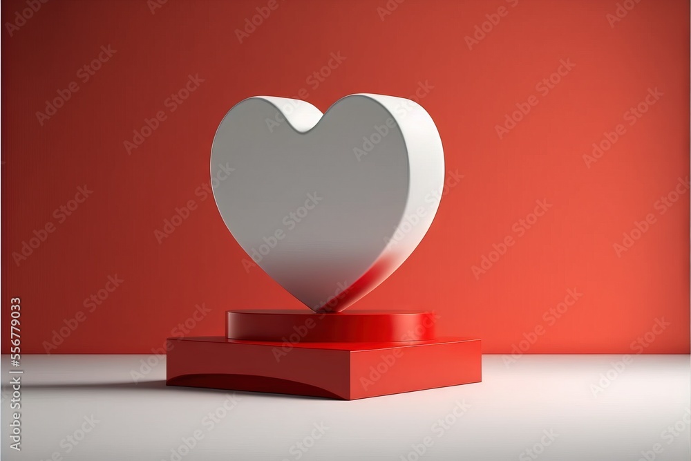 Poster a red and white heart shaped object on a red pedestal against a red wall with a white background and