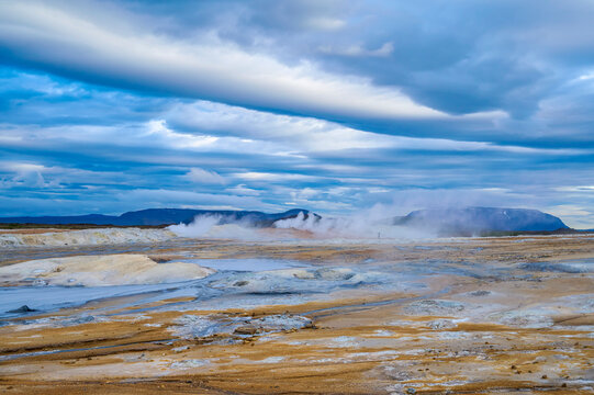 Mud pot and fumarole landscape in the Thermal Area of Namafjall in the Myvatn Region in the Northern Region of Iceland; Namafjall, Nordurland Vestra, Iceland