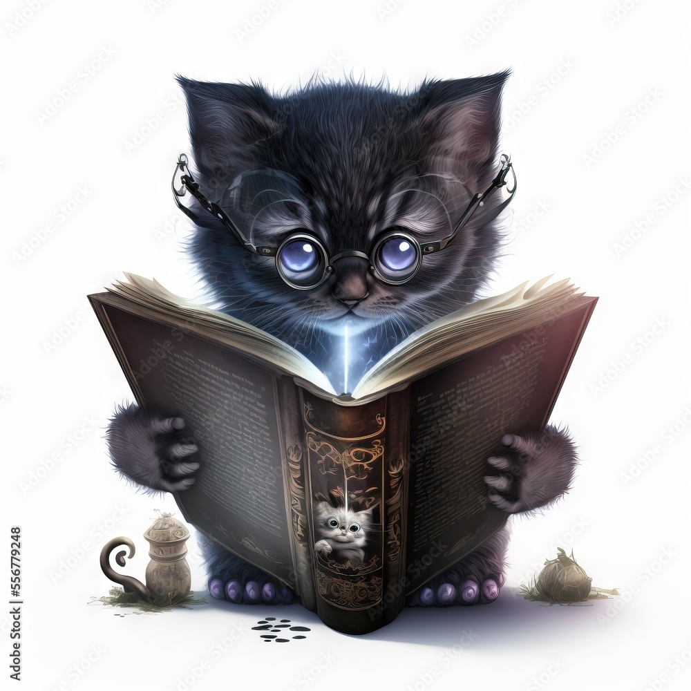 Poster a cat is reading a book with a light on its face and eyes. generative ai