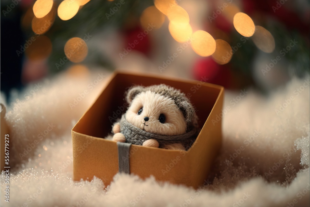 Poster  a small stuffed animal in a box on a table with a christmas tree in the background and lights on the floor. Generative AI