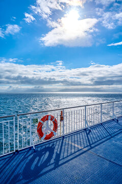 View of ship deck of the island ferry Norrona with a view of Faroe Islands; Denmark