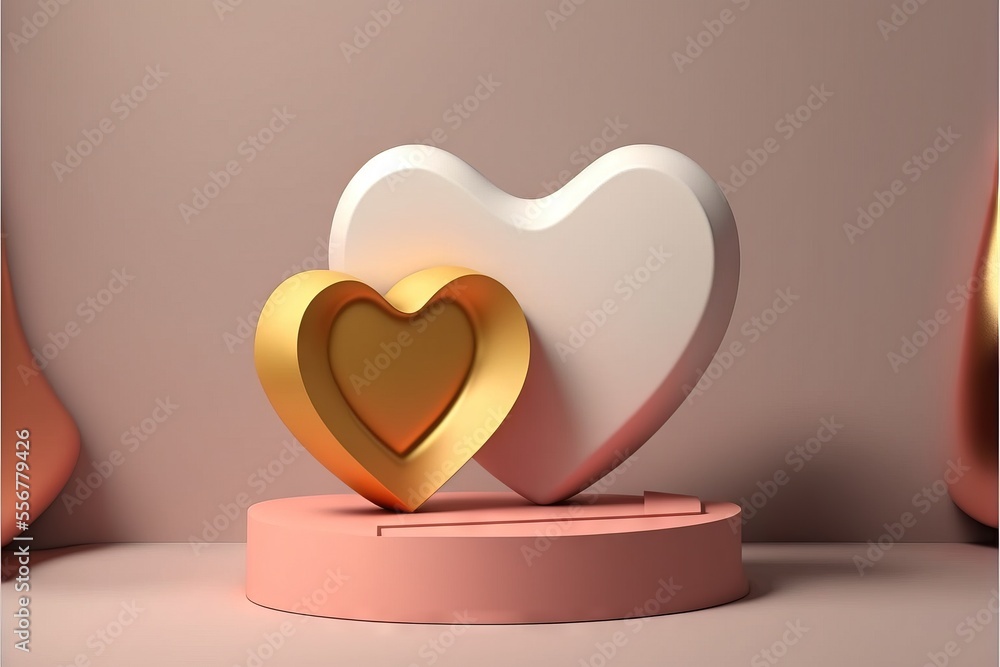 Poster a heart shaped object on a stand on a table with a pink background and a pink wall behind it. genera