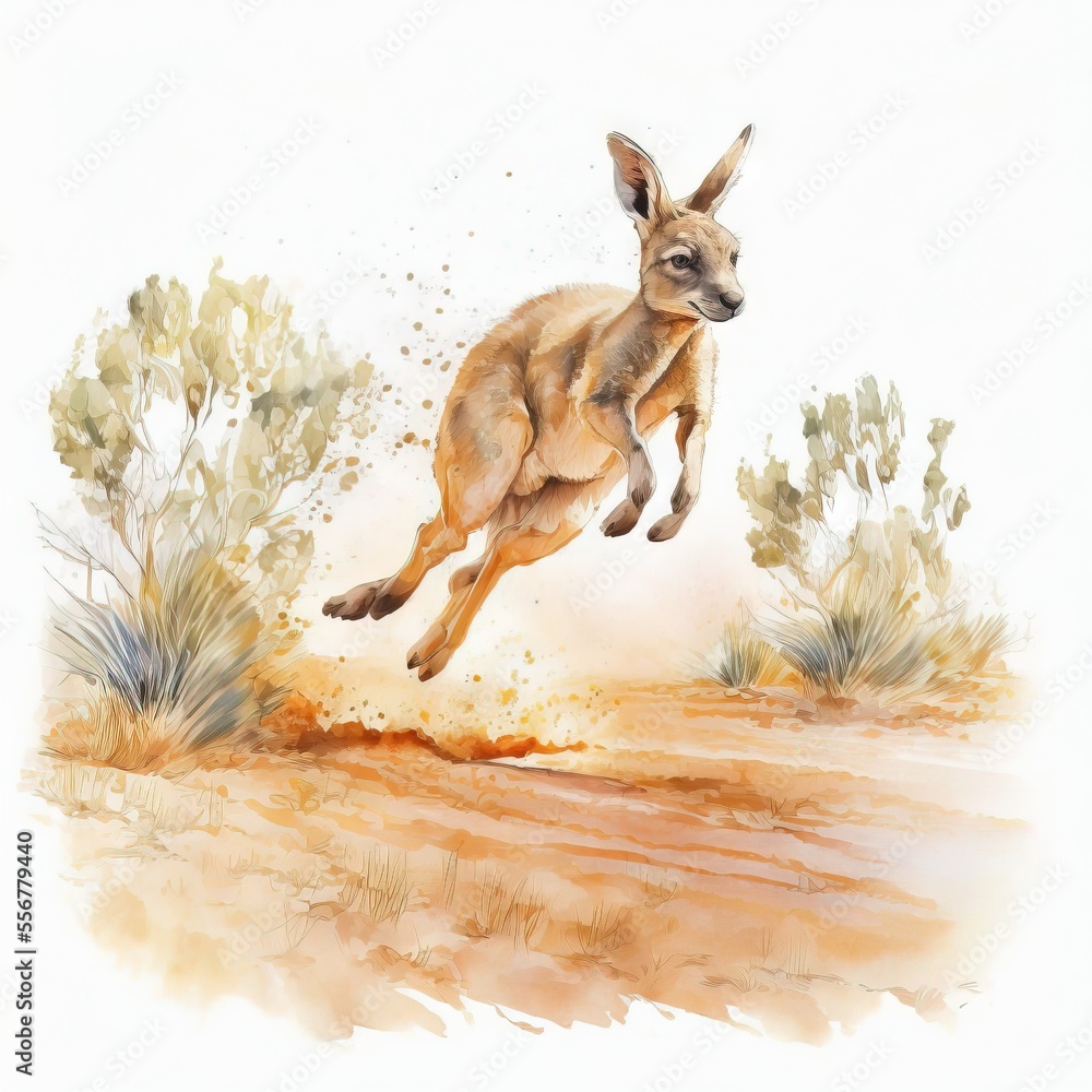 Poster a painting of a kangaroo jumping in the air in the desert with a bush in the background and a white 