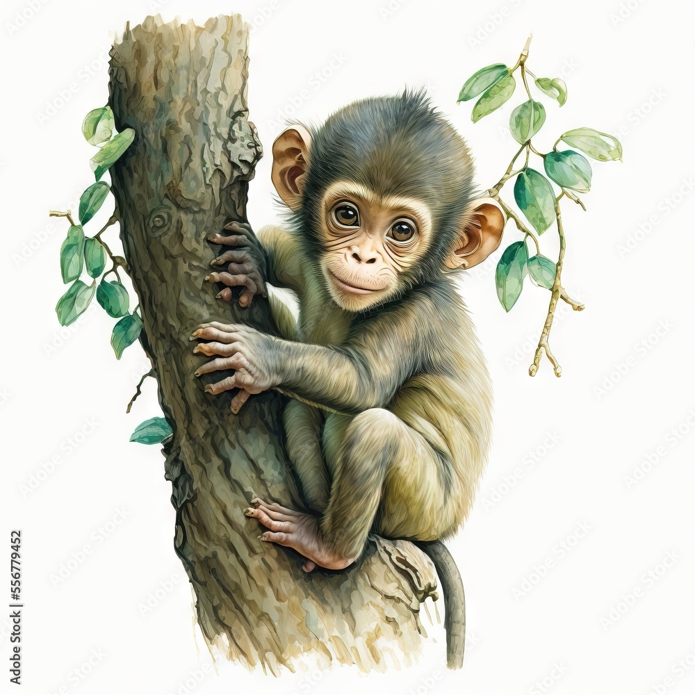 Poster a monkey is sitting on a tree branch and holding onto a branch with leaves on it's back. generative 