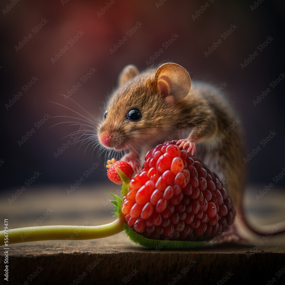 Poster a mouse is eating a strawberry on a table top with a mouse tail on it's head and a mouse tail on the